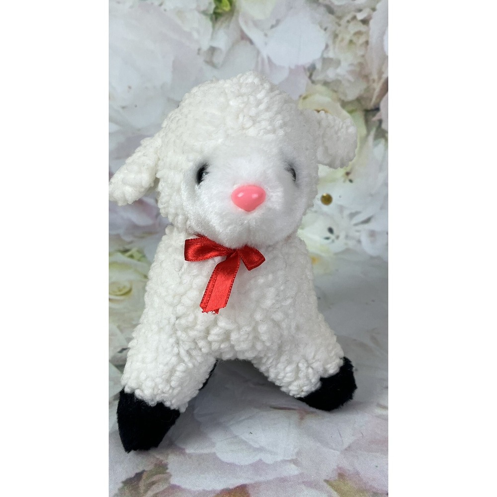 Plushland Lamb Sheep Stuffed Animal Plush White Black Pink Nose Red Bow 7 Inches